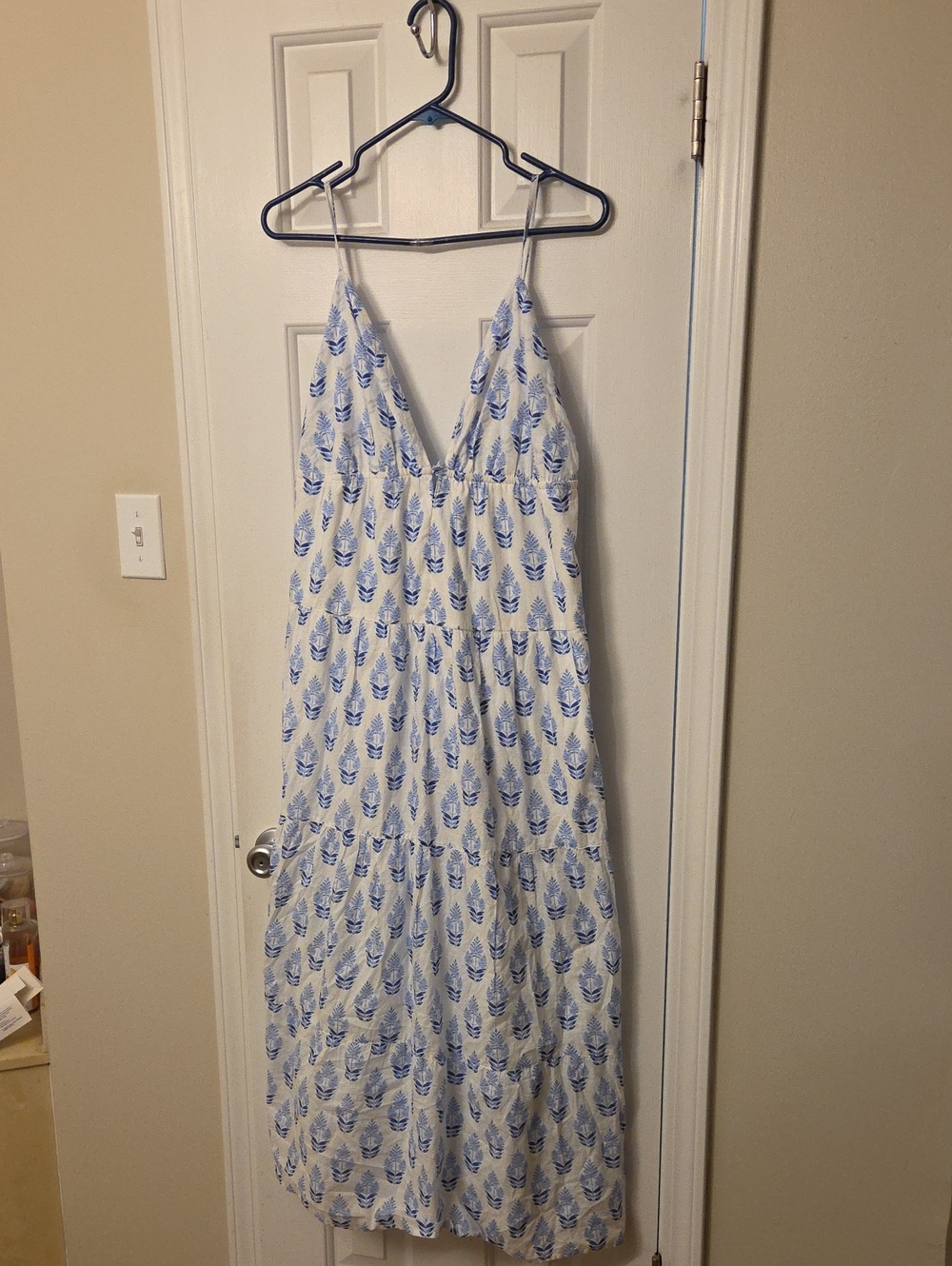 Japna White Maxi Dress with Blue Leaf Print